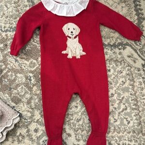 Edgehill Collection Red Knit One-Piece with Cream Puppy Motif. Christmas!!